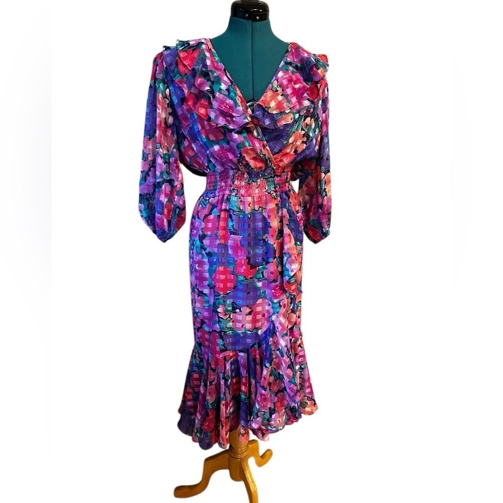 VINTAGE 80's Susan Tudor Pink Floral Midi Dress Pleated Cottagecore Ruffle S - Picture 2 of 14